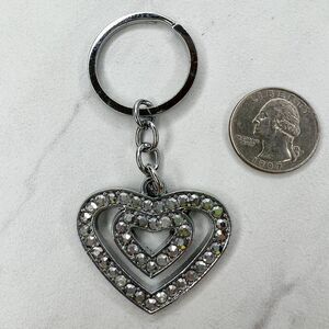 Silver Tone Rhinestone Double Heart Keychain Keyring
